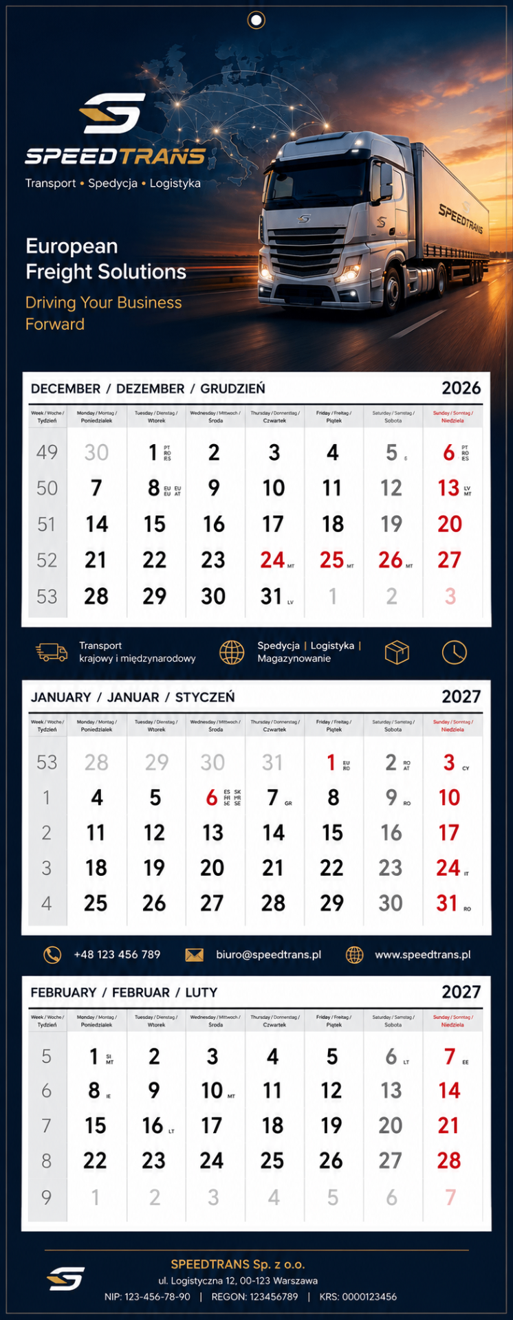 Trójdzielny LUX wypukły międzynarodowy wall calendar